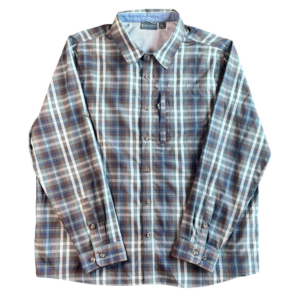 Free Country Mens XXL Plaid Button Down‎ Hiking Shirt Blue Brown Long Sleeve Zip